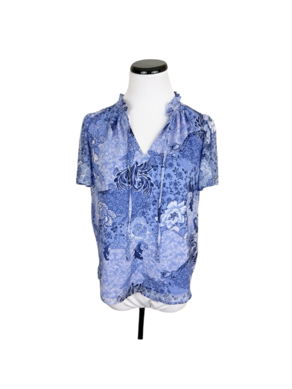 Cupcakes and Cashmere Floral Ruffle Short Sleeve Blouse Top Blue Size XS